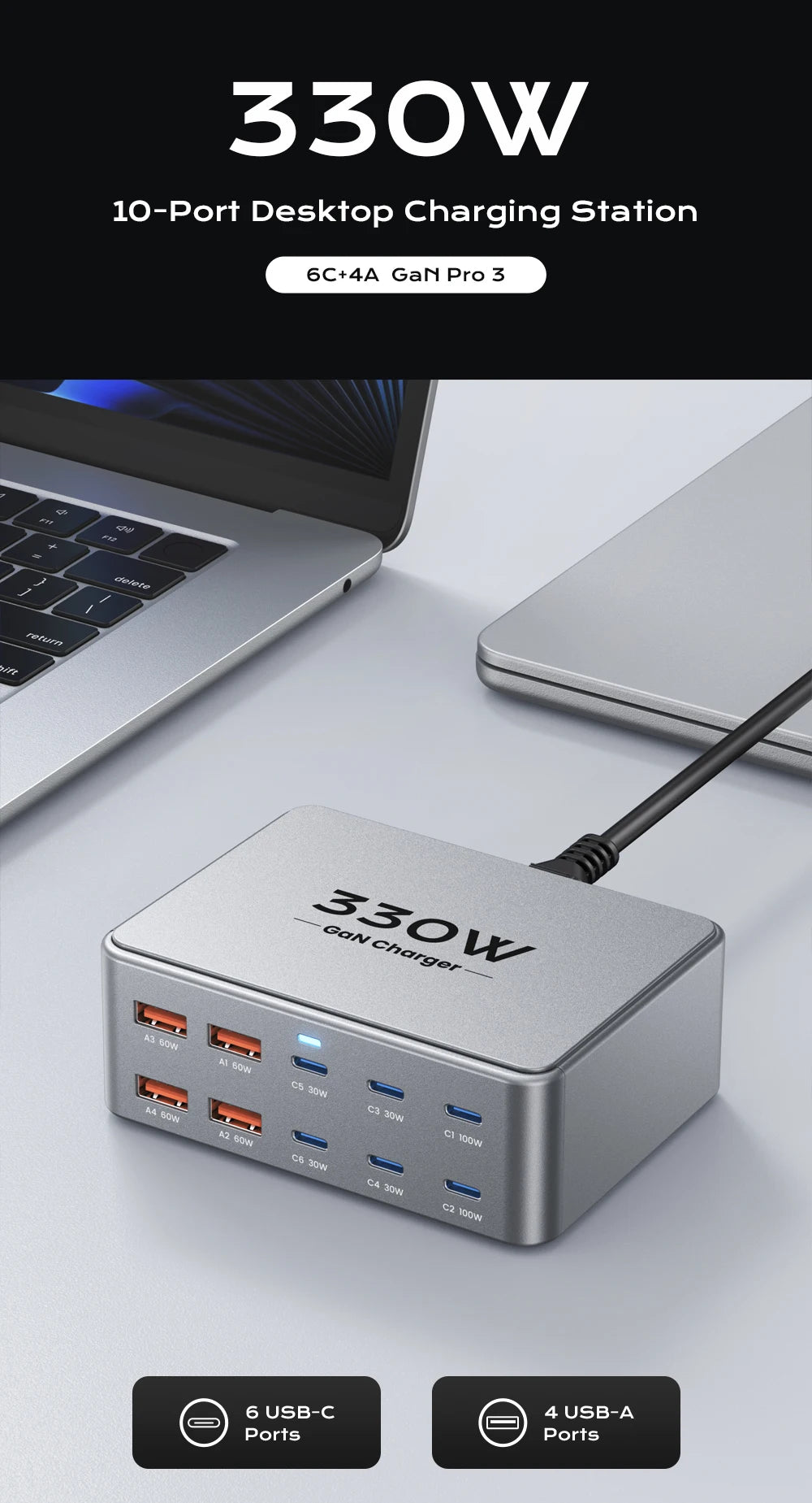 330W USB C GaN Ladegerät 100W PD3.0 PPS QC3.0 Multiport Schnellladestation für Laptop iPhone 15 16 Samsung Macbook Pro Tablet