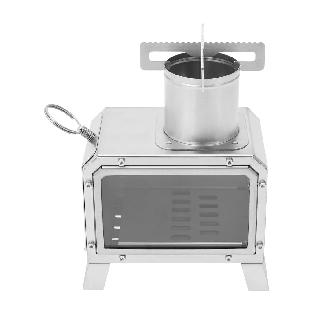 Tragbarer Camping-Holzofen, Mini-Feuerstelle aus Edelstahl für Outdoor-Kochen, Wandern, Grillen, mit Glasfenster und Belüftungsöffnungen