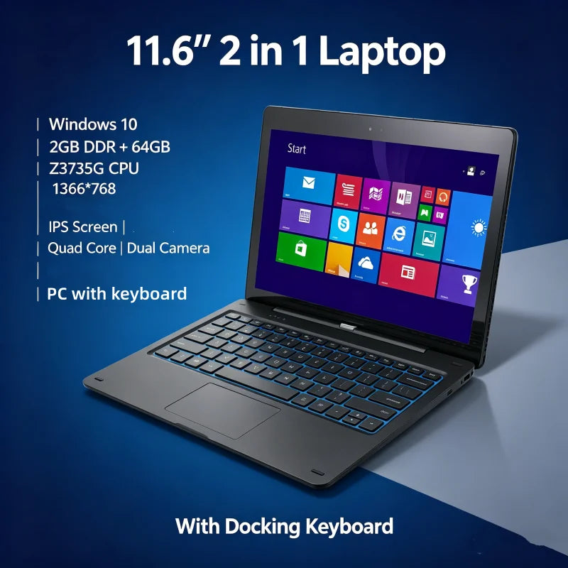11,6" Windows 10 Tablet PC 2GB DDR + 64GB Z3735G CPU 1366*768 IPS-Bildschirm Quad Core G12 Dual-Kamera 2-in-1 mit Docking-Tastatur