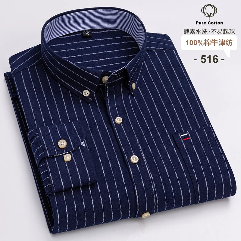 100 % Baumwolle Oxford Herrenhemden Langarm Kariert Weich Regular Fit Festliches Hemd Tasche Sozial Bluse Herrenkleidung S-7XL