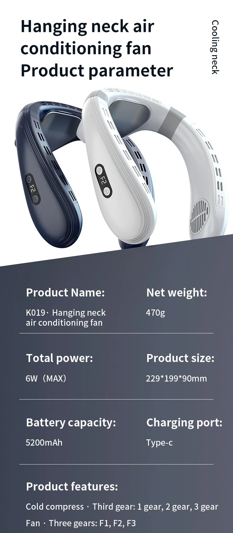 Neuer tragbarer Nackenventilator 5200mAh Nackenklimaanlage wiederaufladbarer Halbleiter-Kühlventilator Persönlicher Outdoor-Ventilator tragbarer Kühler