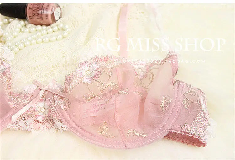 Französischer Minimizer-BH-Set | Große Größe, ungefüttert, Spitze, Halb-Cup, große Körbchen, dünn, Anti-Schwerkraft, transparenter Dessous-Set BANERDANNI BHs