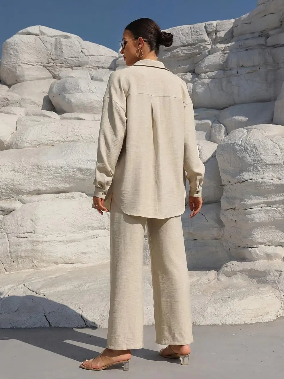 Große Größen Casual Locker Zweiteiler Weites Bein Hose Langarmshirt Hellbeige Street Style Elegant Qualität Polyester Somm...