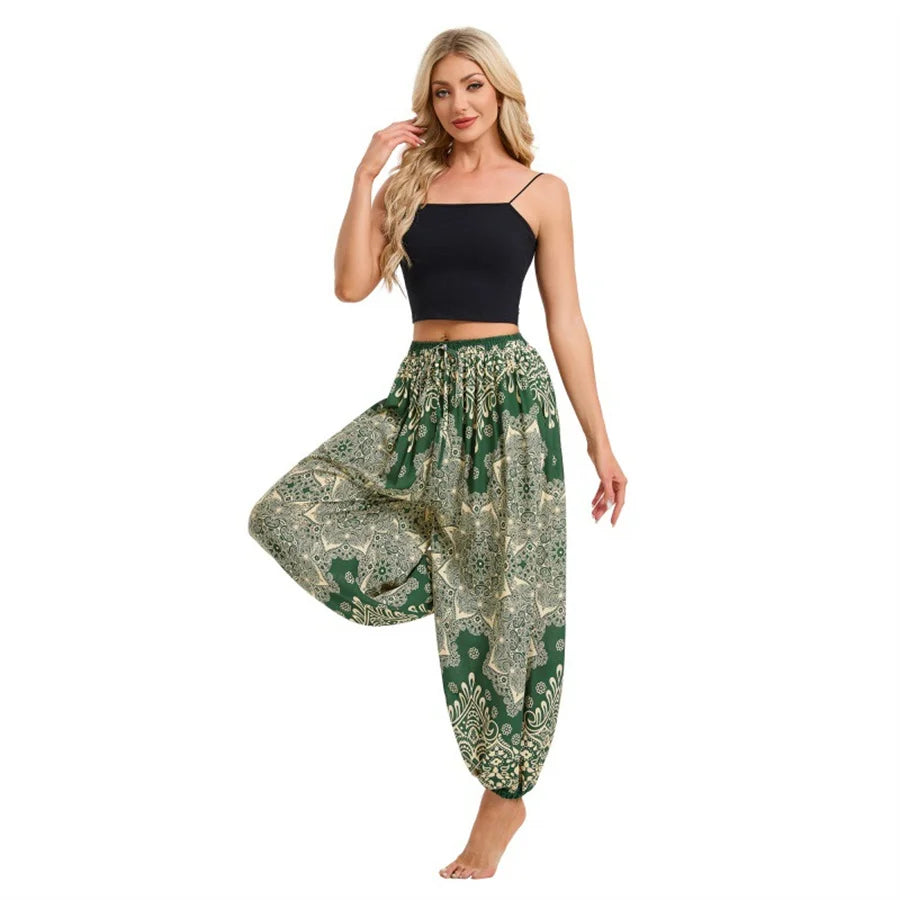 Damen Boho Weite Hosen Haremshose Erwachsene Hohe Taille Yoga Loose Laternenhose Atmungsaktive Strandhose Urlaub Bedruckte Jogger
