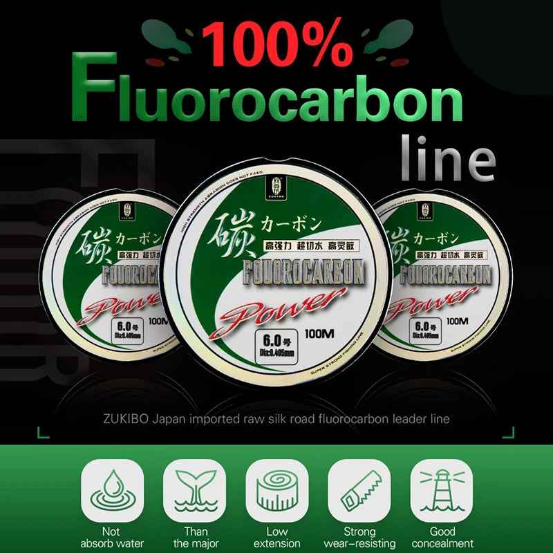 ZUKIBO 50M100M 100% Fluorocarbon Angelschnur Japanische importierte Kohlefaser-Schnur 1-25kg Monofilament Sinkende Schnur Meeresangeln