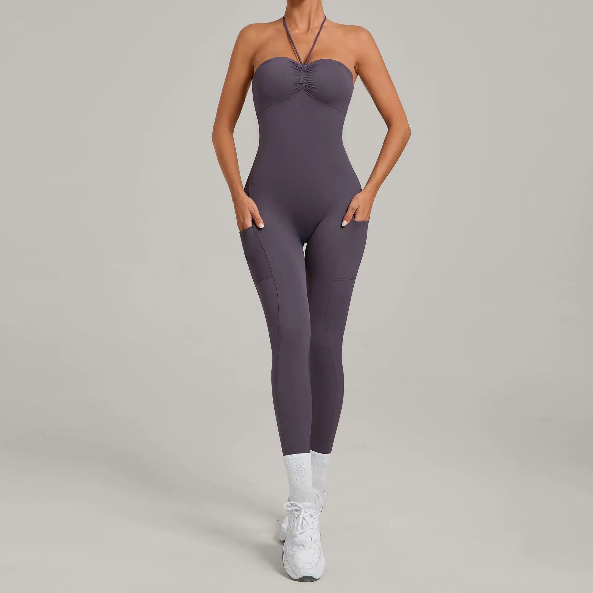 Damen Yoga Jumpsuits Sport Fitness Einteiler Schönheits-Rückengurt Tasche Hüfthebend Slim Fit Laufen Workout Training Bodysuit