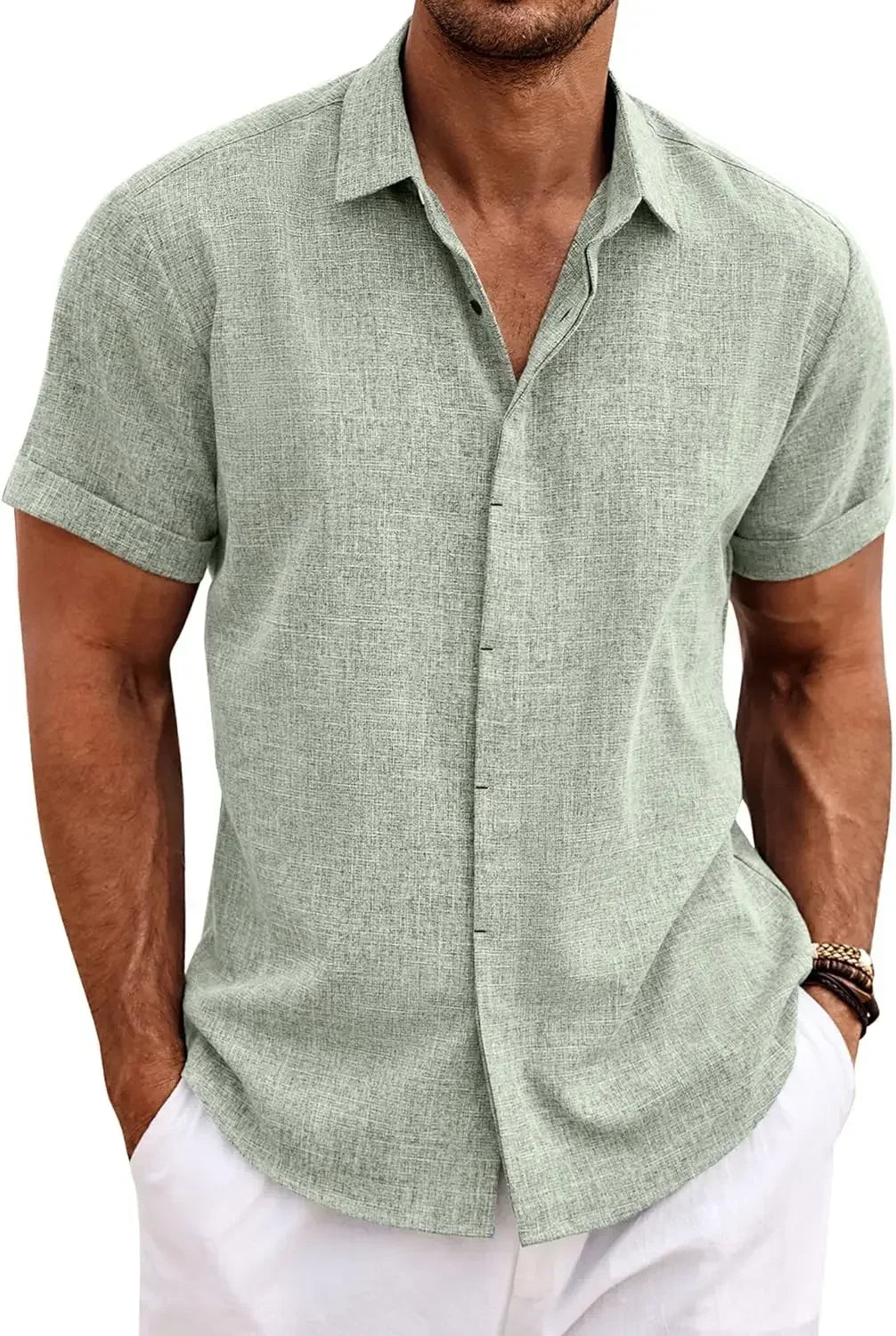 Men's Fashion Casual Solid Color Shirt Pullover Button Linen Cotton Comfortable Daily Top Short Sleeve Shirt Beach Summer Shirt Hauptbild