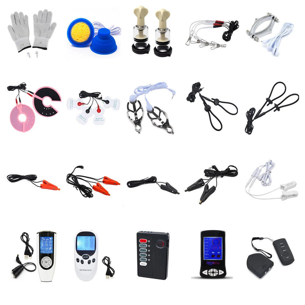 Elektrische Schock Brustwarzenklemmen BDSM Bondage Schamlippenklammer Klitoris-/Penispulsator E-Stimulations-Massagehandschuh/-Pad SM Roller Sexspielzeug für Paare Hauptbild