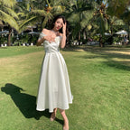 Horetong Bow Slash Neck Sexy Dress Sommer Damen Weiß Feenhaft Elegant A-Linie Midi Kleider Weiblich Party Abschlussball Kleidung Vestdios