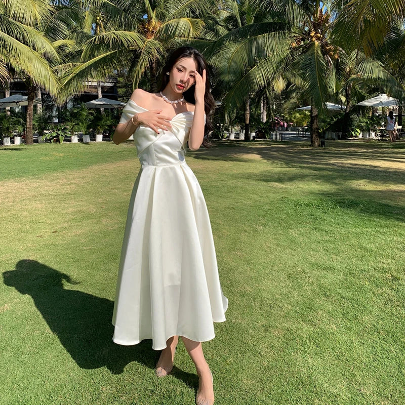 Horetong Bow Slash Neck Sexy Dress Sommer Damen Weiß Feenhaft Elegant A-Linie Midi Kleider Weiblich Party Abschlussball Kleidung Vestdios