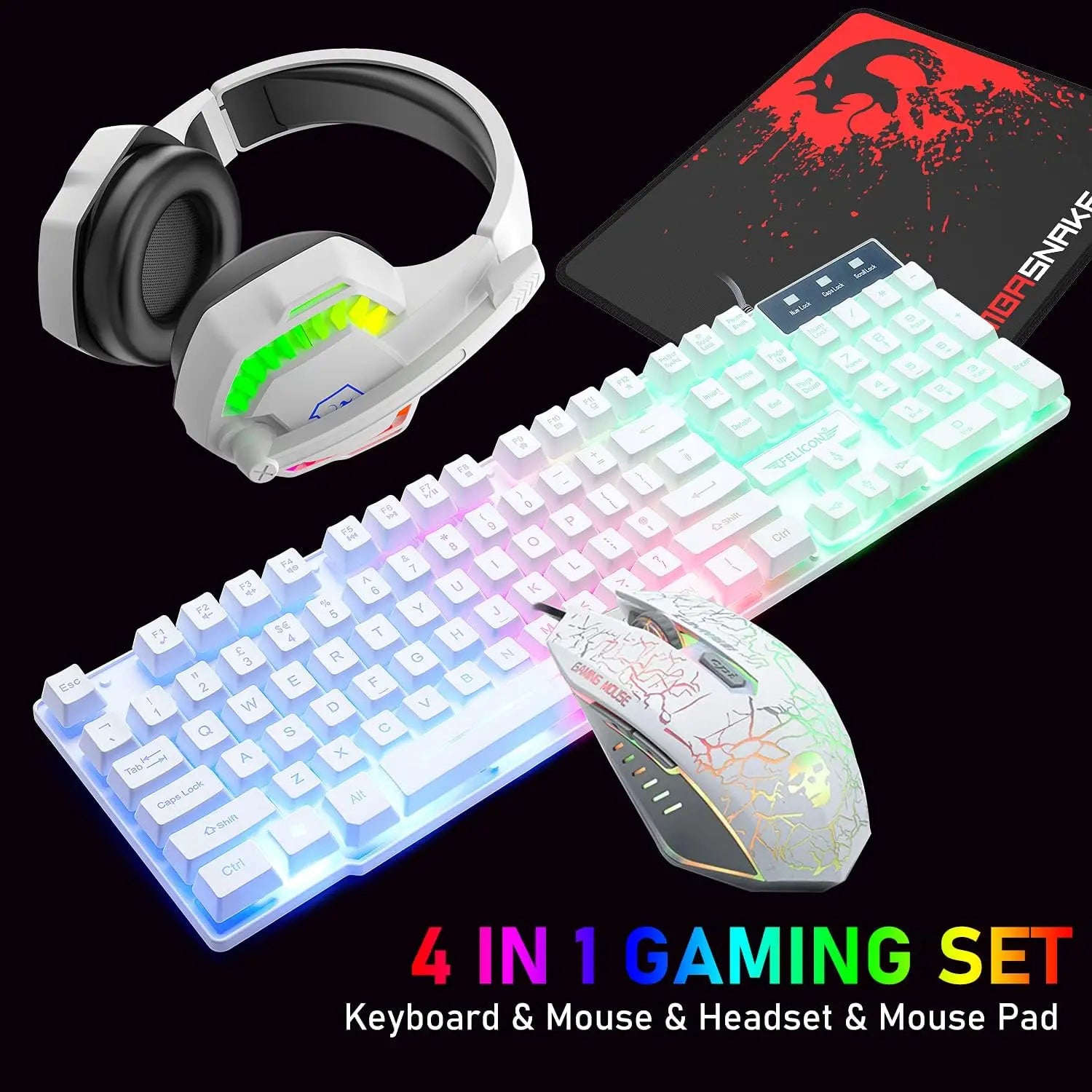 MAMBASNAKE T11 UK 100% Gaming Keyboard&Mouse&Headset&Mouse Pad Combo Set Rainbow Backlit Keyboard, 2400DPI 4 Buttons USB Wired Hauptbild