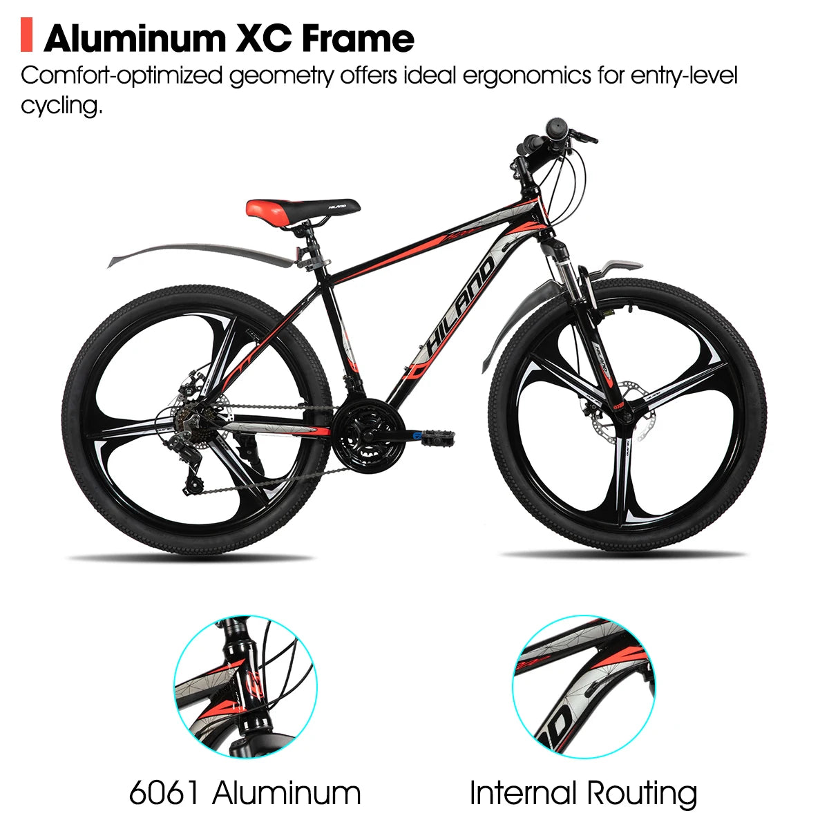 HILAND Mountainbike, 3-Speichen-Rad, 18 Gänge Schaltung, Aluminiumrahmen 26 Zoll Räder, Scheibenbremsen Fahrrad für Herren Damen Herren-MTB