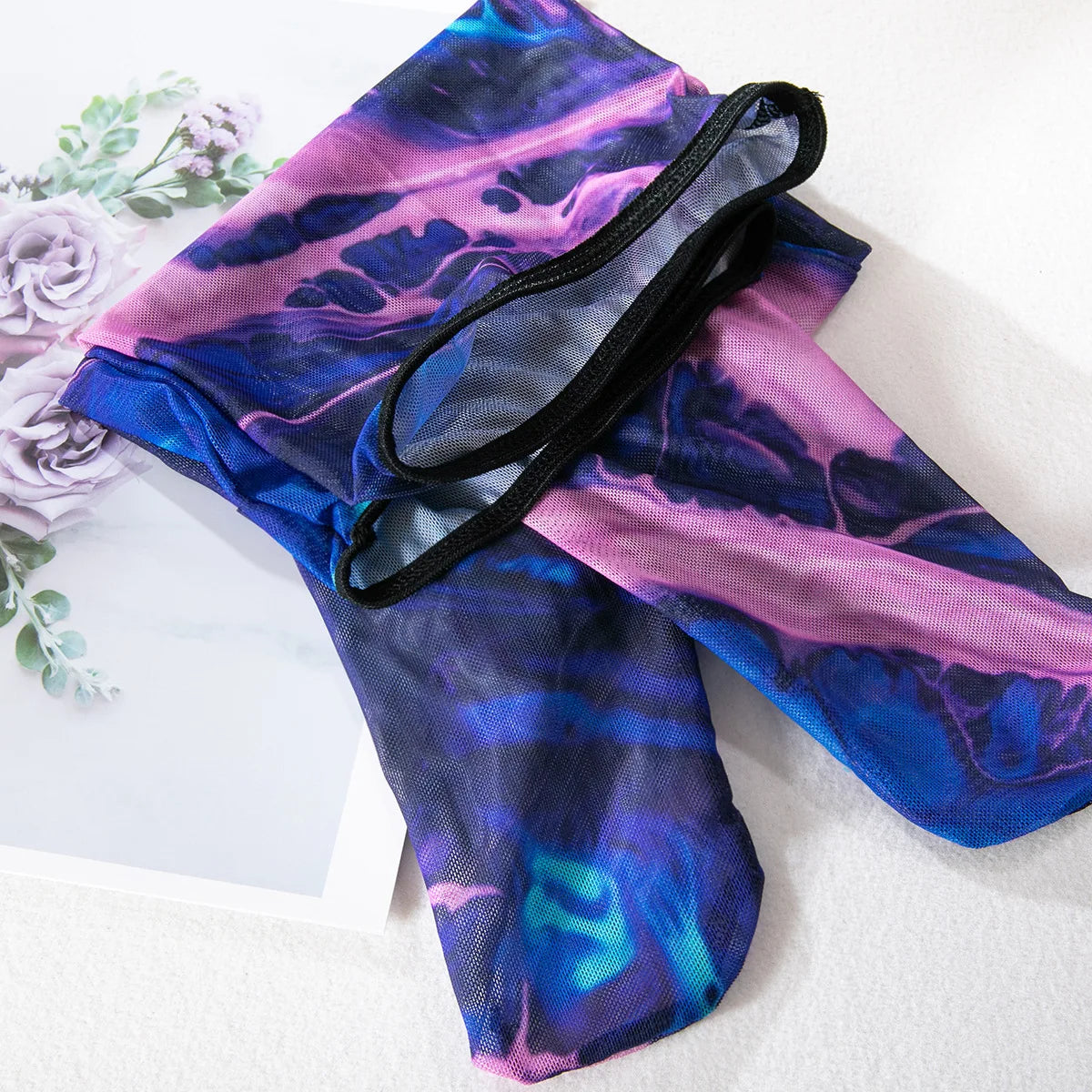 Sexy Perspektive Brustraffer Bedruckter Dessous-Set mit Handschuhen und Bein-Set für Damen, fünfteiliges Set, Damen Fun-BH- & Slip-Sets