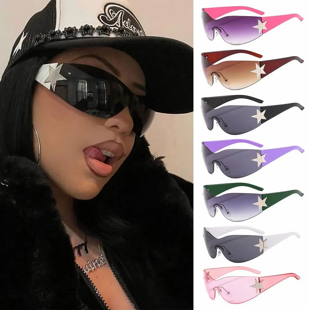 Neue Y2K Randlose Punk-Sonnenbrille Goggle Damen Herren Luxusmarke Wrap Around Sonnenbrille Fünf Sterne Eyewear Sport One Piece Shades