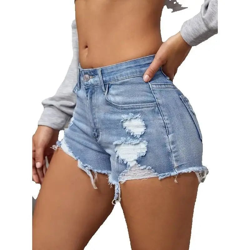 Damen Hotpants Jeans Shorts Zerrissen Kurze Hose Distressed A-Linie High Waist Sommer Streetwear Skinny Hot Pants Mode Freizeitkleidung Zweitbild