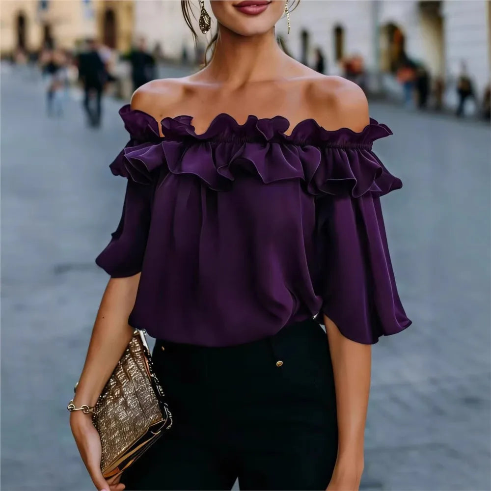 Mode Rüschen Sexy One Shoulder Damen Kurzarmshirt Sommer Neu Lässige Weite Oberteile Weibliche Elegante Vielseitige Bürobluse