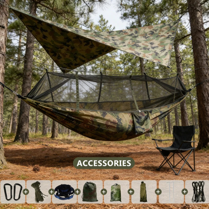260x140cm Camping Hängematte Doppelgröße Fallschirm mit Moskitonetz Regenschutz Tarp Leicht für Wandern Reisen