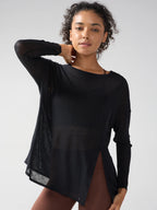 Mode Damen Atmungsaktive Lockere Schnelltrocknende Langarm Yoga Shirts Schlankmachende Seitenschlitze Freizeit Laufen Fitness Radfahren Oberteile