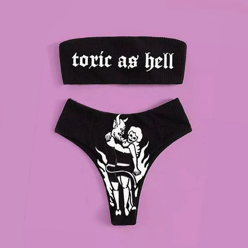 Gothic Bikini 2025 Damen Skelett Tube Top BH Triangel-Höschen Split Badeanzug Unterwäsche Y2K Bikinis Punk Bademode