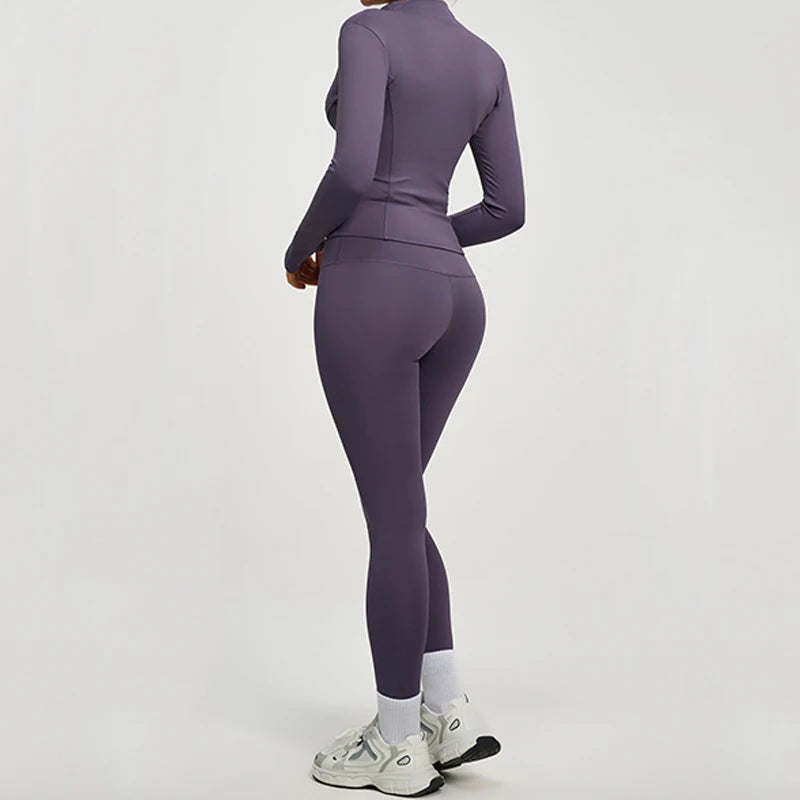 SVEIC Damen Zweiteiliger Trainingsanzug Yoga Set Langarmjacke High Waisted Leggings Atmungsaktive Sportkleidung Für Frauen