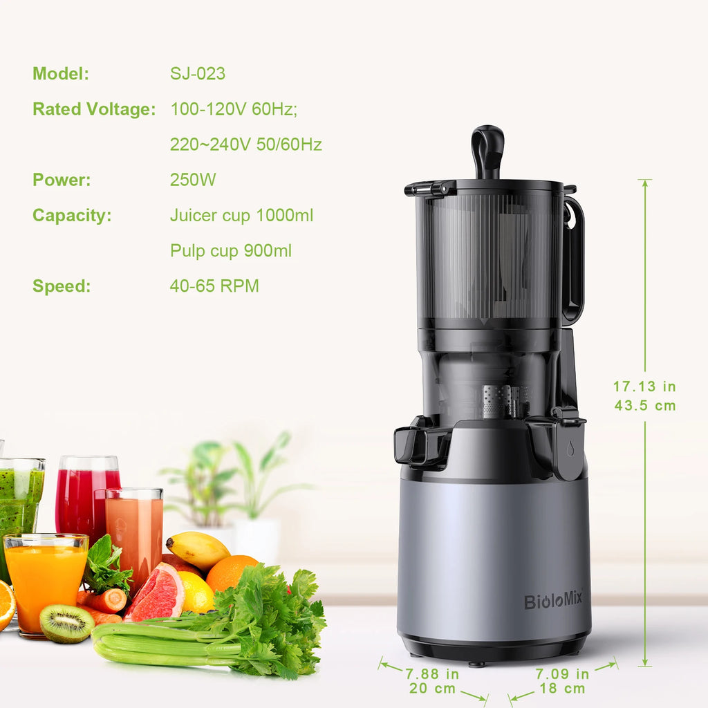 BioloMix Kaltpress-Entsafter, mit 130 mm Einfüllschacht, für ganze Früchte und Gemüse, hohe Saftausbeute, BPA-freier Slow Masticating Juicer