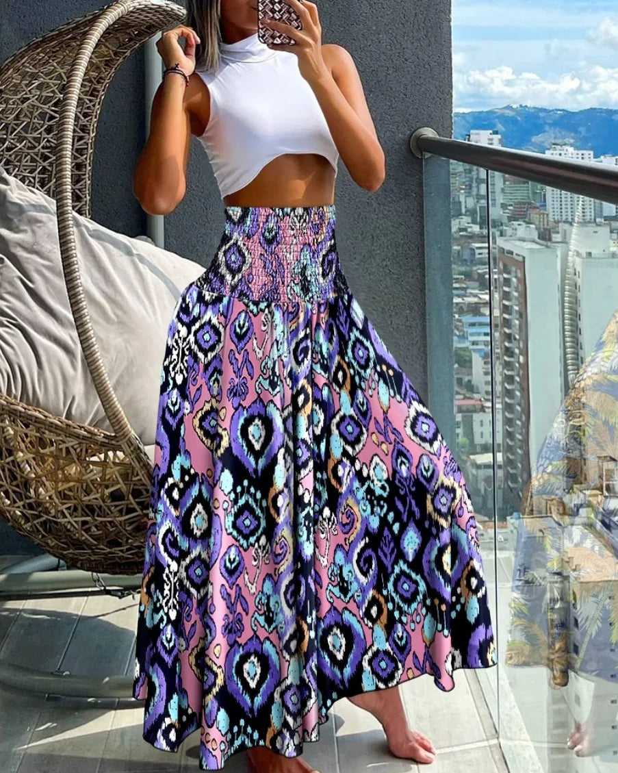 Mode Baumwolle Damen Blumenmuster Rock Seitliche Krawatte Strandröcke Sommer High Waist Wickel Blumen Langer Rock Hauptbild