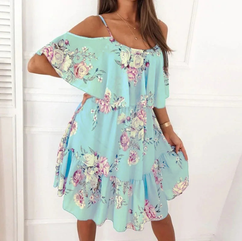 Damen Sommer V-Ausschnitt Ärmelloses Sling-Camisole Pendler bedrucktes Chiffon-Bohemian-Blumenkleid für Damen Zweitbild