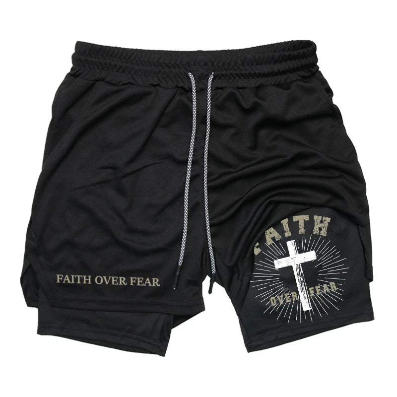 Herren-2-in-1-Lauf-Workout-Shorts mit Druck, Christian Gym Athletic Performance Shorts mit Handytasche und Handtuchschlaufe, Activewear