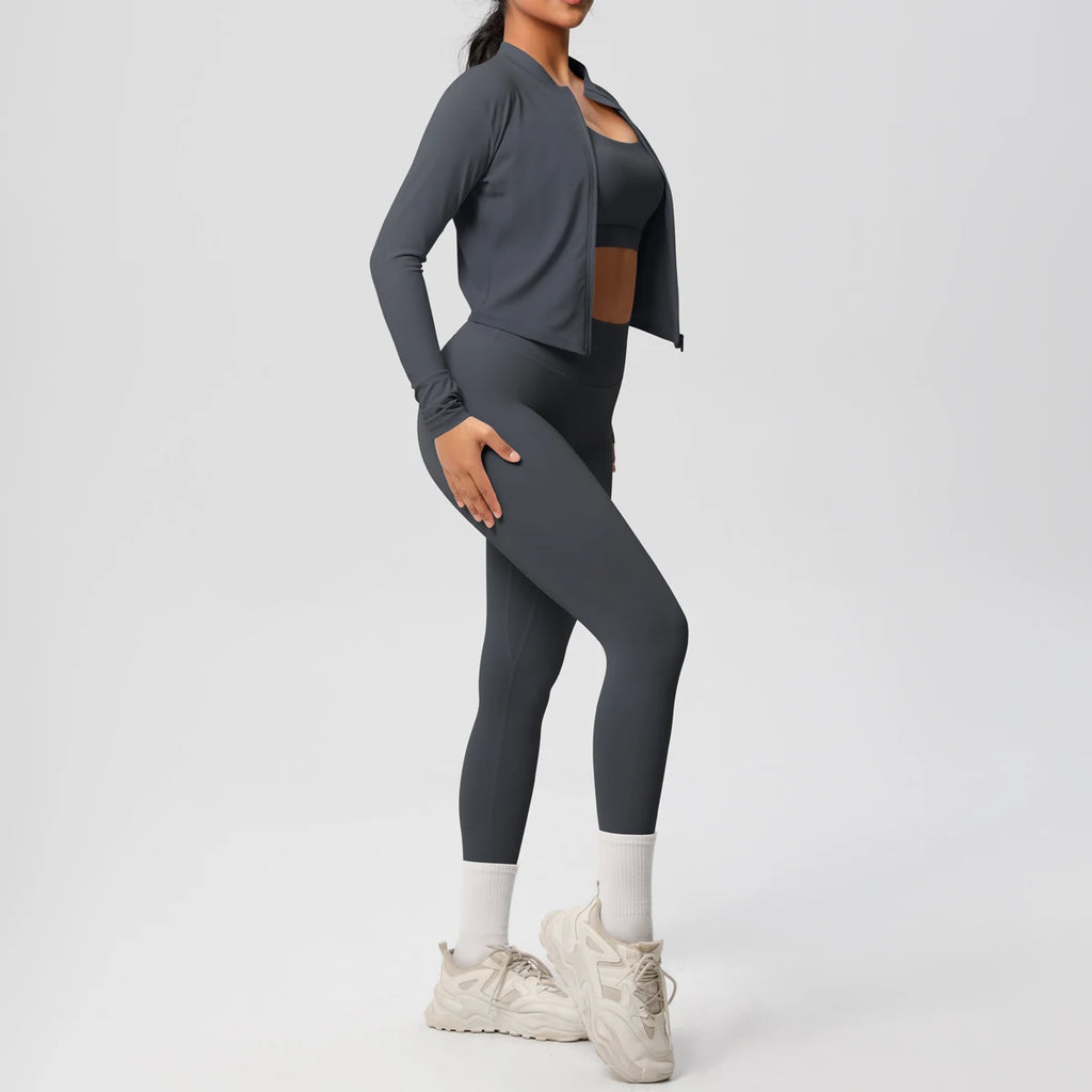 3-teiliges Sportbekleidung Yoga-Set Gym Sport-BH Reißverschlussjacke Leggings Kleidung Sportbekleidung Yoga-Anzüge für Damen Fitness-Set Trainingsanzug