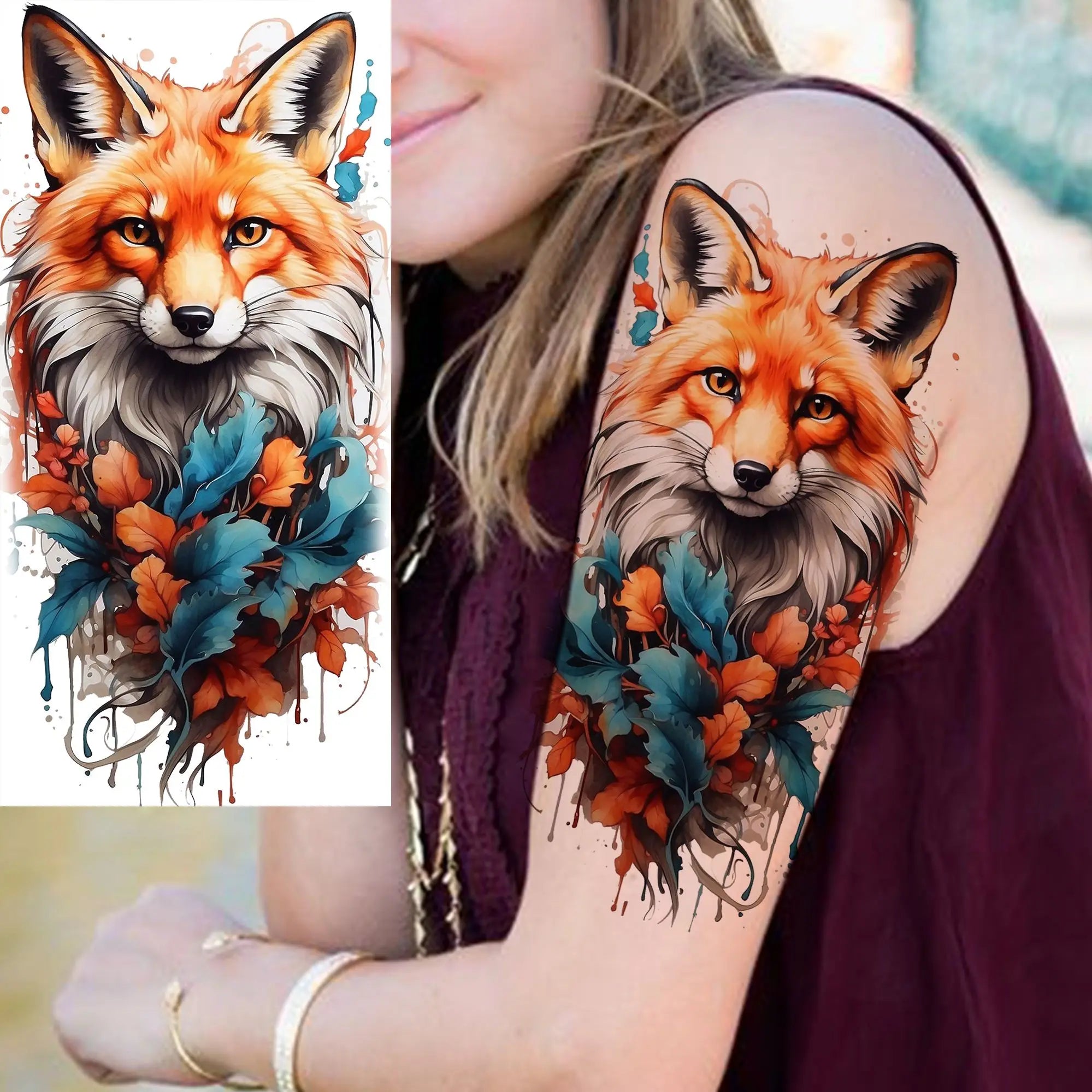 1 Blatt einzigartige Aquarell-Löwe-Tiger-Tier-Temporäre Tattoos langanhaltend wasserdicht Fuchs Eule gefälschter Tattoo-Aufkleber Körperkunst Tattoo
