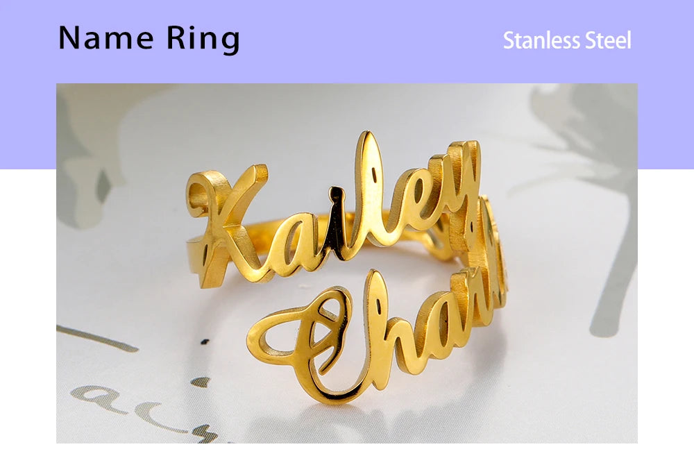 Personalisierter Doppel-Vorname-Ring für Damen und Herren, personalisiertes Paar-Familien-Geschenk, goldfarbener Edelstahl-Metallschmuck