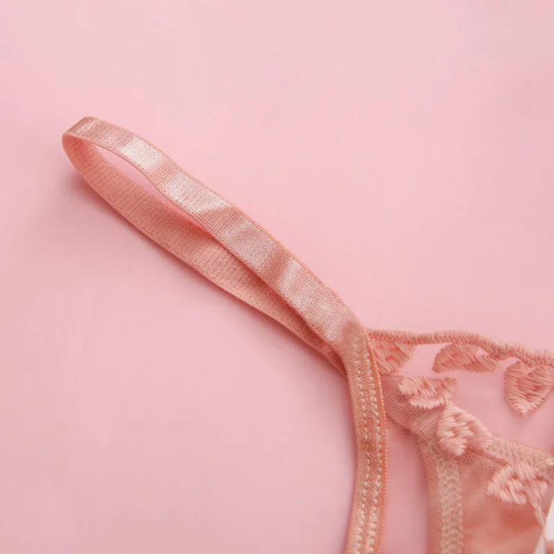 Spitzen-Dessous-Set 3-teilig Transparenter BH Strumpfhalter Halbcup Push-up Unterwäsche für Damen