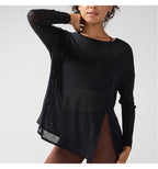 Mode Damen Atmungsaktive Lockere Schnelltrocknende Langarm Yoga Shirts Schlankmachende Seitenschlitze Freizeit Laufen Fitness Radfahren Oberteile