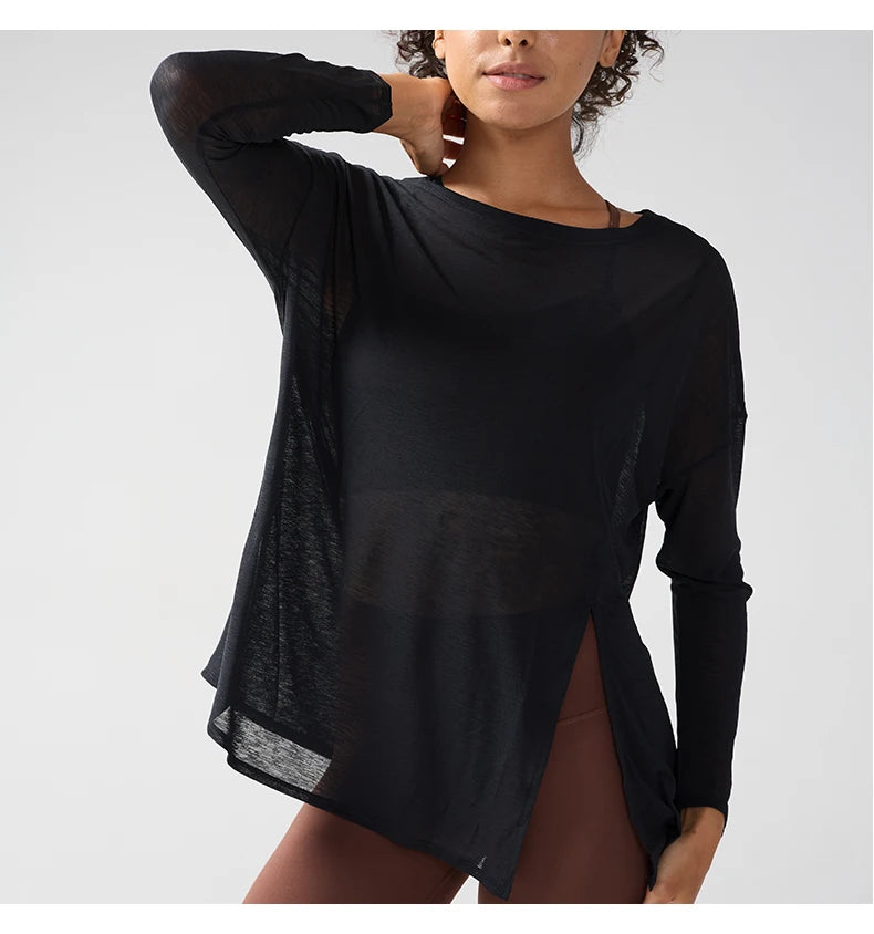Mode Damen Atmungsaktive Lockere Schnelltrocknende Langarm Yoga Shirts Schlankmachende Seitenschlitze Freizeit Laufen Fitness Radfahren Oberteile