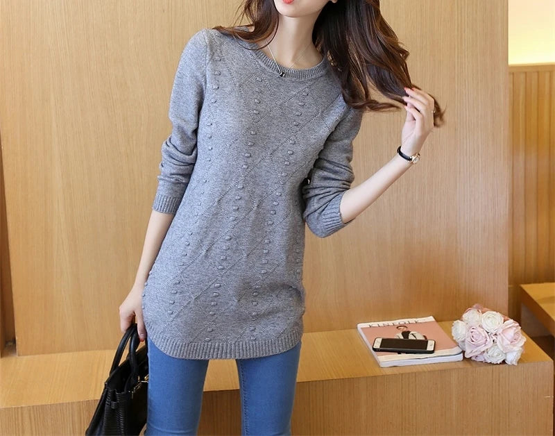 Strickpullover Herbst Winter Oberteile Rundhals Langarm Pullover Legere Warme Damenpullover Midi Lang Schmaler Pullover Mädchen