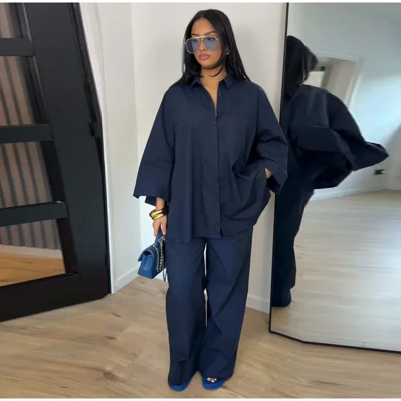 Damen Anzug mit Revers, langen Ärmeln, chic, einreihig, weites Bein, lange Hose, Sets 2026, lässiges, lockeres Outfit für den Alltag