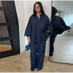 Damen Anzug mit Revers, langen Ärmeln, chic, einreihig, weites Bein, lange Hose, Sets 2026, lässiges, lockeres Outfit für den Alltag