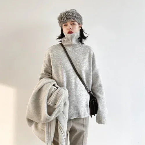 CHIC VEN Koreanischer Damen Pullover Lockerer Rollkragenpullover Warme Einfarbige Pullover Strickwaren Basic Female Tops Herbst Winter 2022