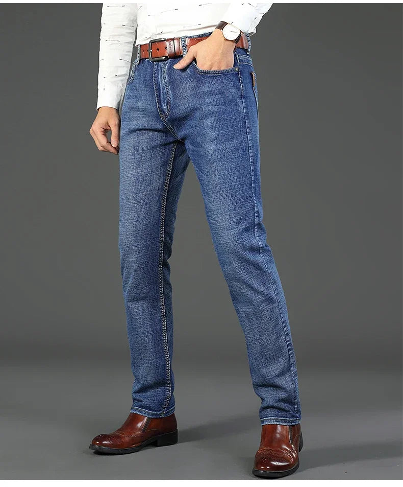 2024 Gerade, normale blaue Stretch-Jeans Frühling Herbst Herren Klassische Jeans Business Fashion Smart Jeans für Herren