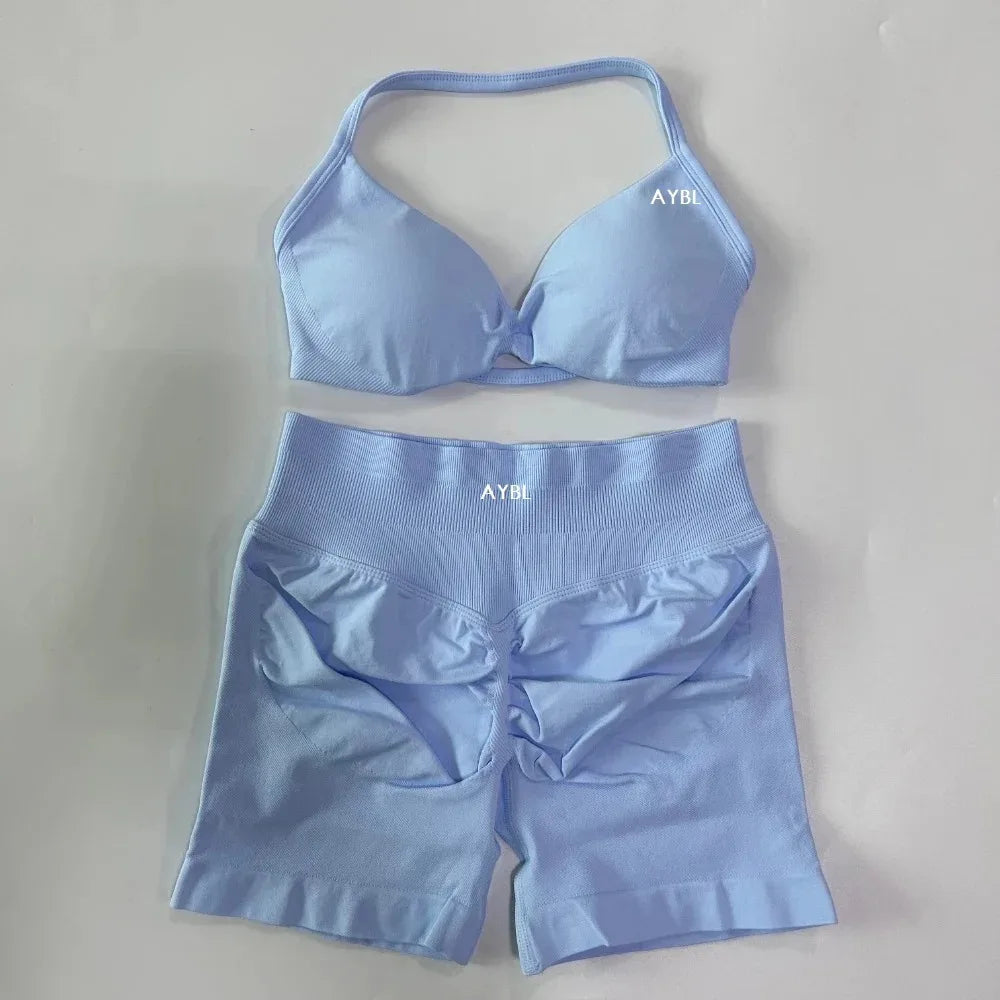 AYBL 2-teiliges Yoga-Set Gym-Set Damen Träger-Yoga-BH Top Hohe Taille Workout Scrunch Shorts Sportanzug Nahtloses Yoga-Set Fitness
