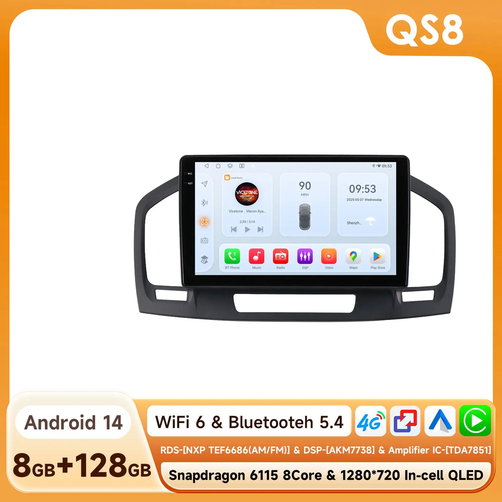 9 Zoll 7862 QLED-Bildschirm 2-Din Android Autoradio Multimedia Video-Player für Buick Regal 1 Opel Insignia GPS Navi Carplay 4G RDS BT