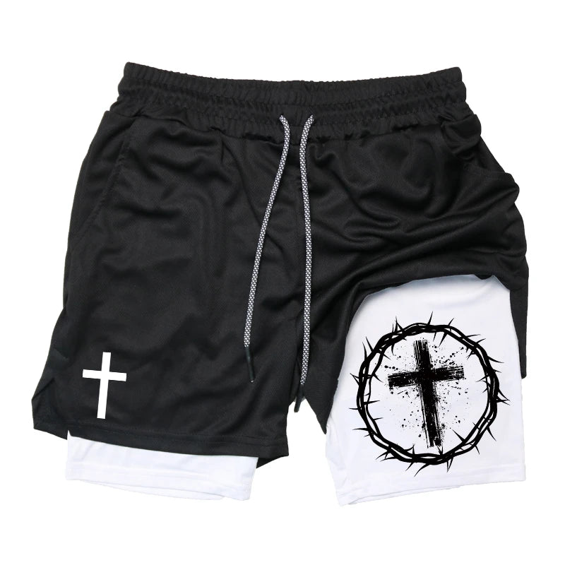 Herren-2-in-1-Lauf-Workout-Shorts mit Druck, Christian Gym Athletic Performance Shorts mit Handytasche und Handtuchschlaufe, Activewear