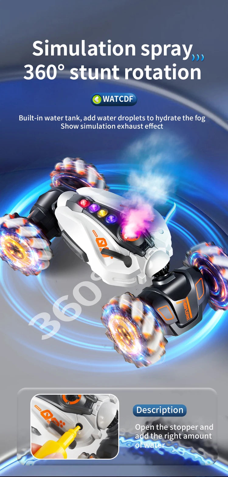 4WD RC Drift-Auto mit Musik, LED-Lichtern, 2.4G Gesten-Funkfernbedienung, Sprüh-Stunt-Auto, 360° drehbares Kletterauto, Spielzeuggeschenk