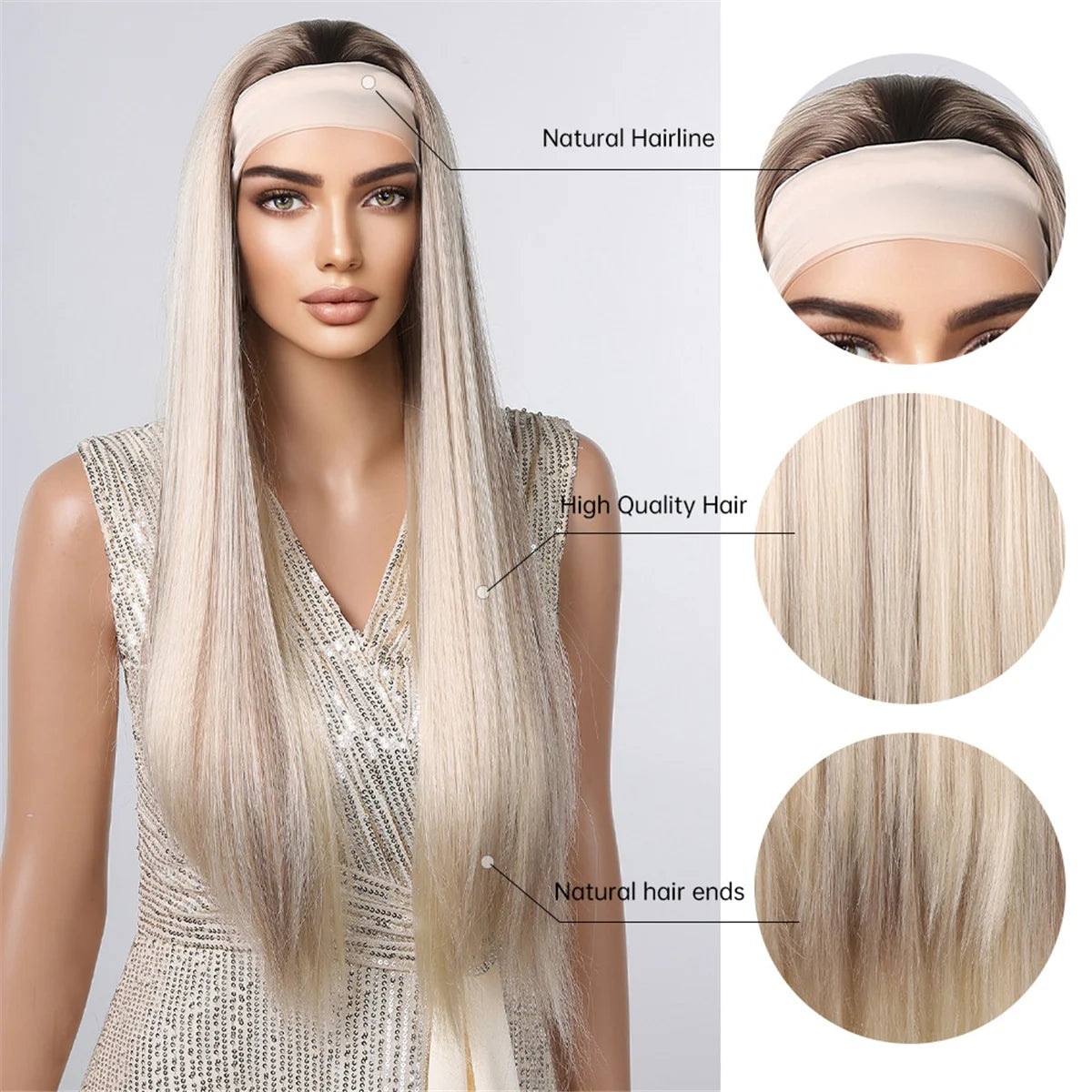 ALAN EATON Lange blonde synthetische Stirnbandperücke Ombre Blond glattes Haar Perücken natürlich aussehend Hitzebeständige Faser für den täglichen Gebrauch