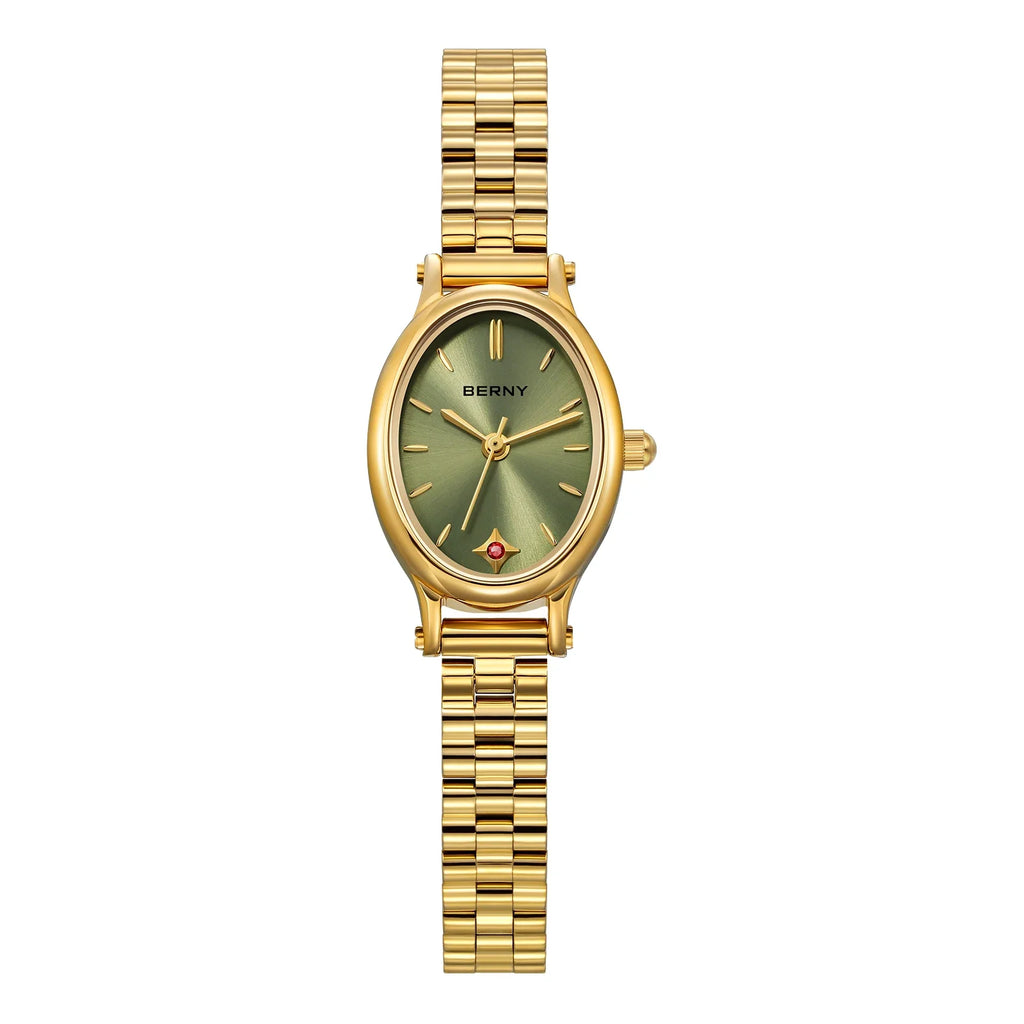 BERNY Gold Watch for Women Olive Green Quartz Jewelry Bracelet Casual Jewelry Women's Wristwatch Small Fashion Ladies Watches