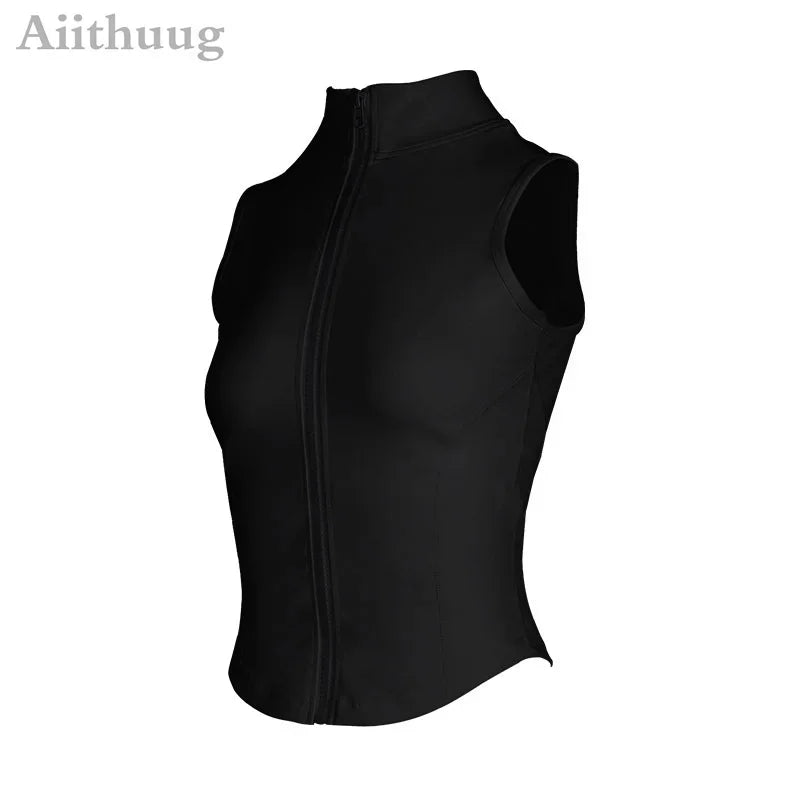 Aiithuug Athletic Reißverschluss-Sweatweste Jacke Ärmellose Lauf-Yoga-Tops Stehkragen-Shirts Sport-Top Fitness Damen Workout-Tops