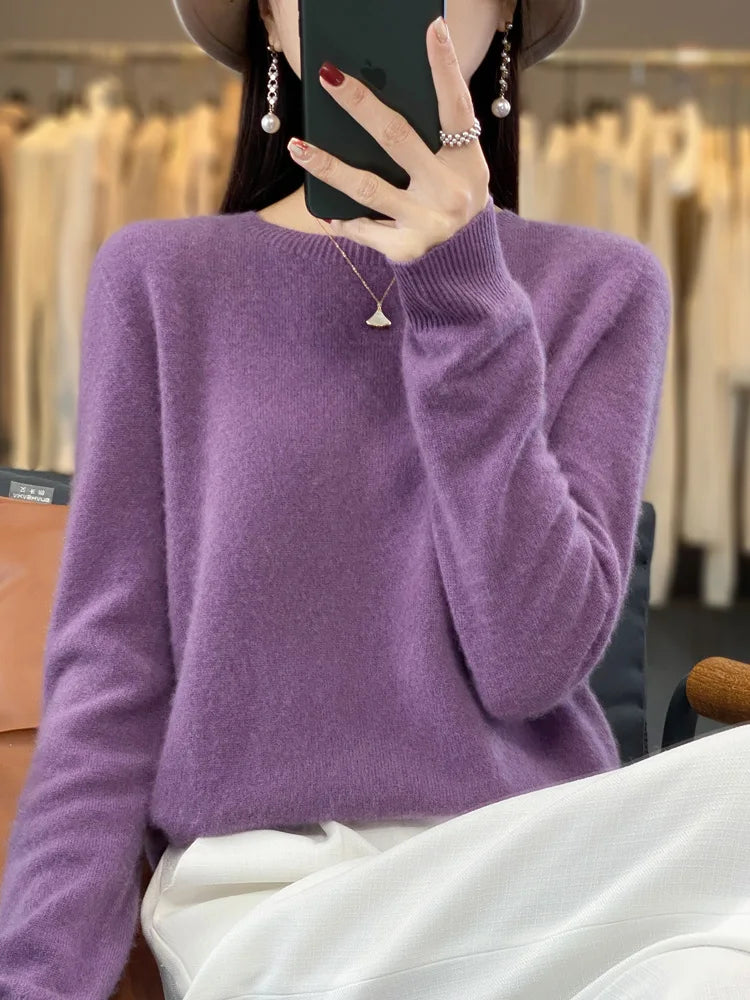 100 % Merinowolle Pullover Damen O-Ausschnitt Kaschmir Strickwaren Female Pullover Herbst Winter Freizeit Oberteile Einfarbig Weiche Kleidung