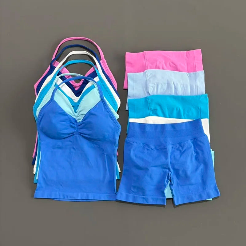 2 Pieces Sports Set Women Backless Halter Tops Fitness Tank Top High Waist Seamless High Stretch Shorts Gym Workout Sets Hauptbild