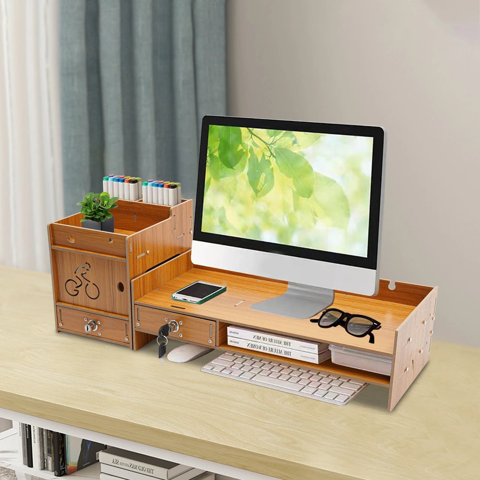 Wood Monitor Stand with Drawer & Side Organizer, 2-Tier Computer Riser with Lockable Storage, Adjustable Height 9cm/10cm for Ergonomic Sitting Posture, Home Office Desk Shelf for Laptop, PC, Phone, Books, Black/Wood Color Hauptbild