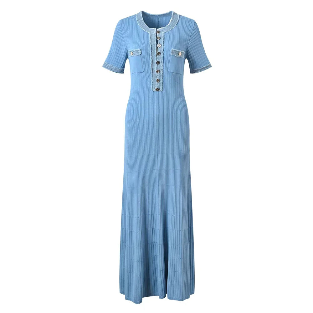 Elegantes, kontrastierendes, gestricktes Maxi-Kleid für Damen, schickes O-Ausschnitt-Kurzarmkleid mit Metallknöpfen, figurbetonte Kleider, Büro-Lady-Pendlerrobe